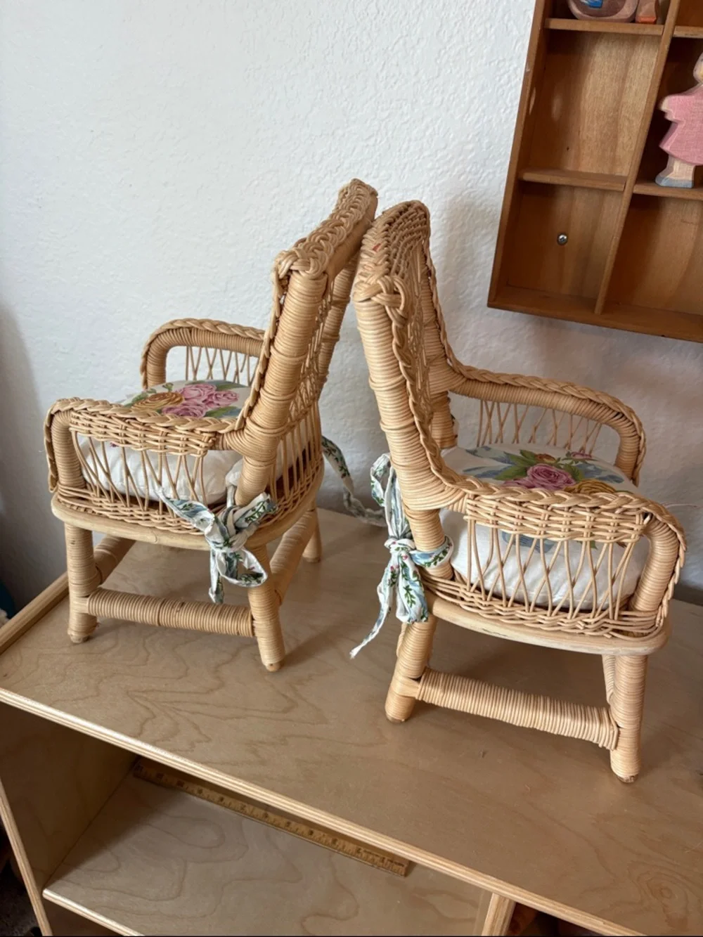 2 American Girl Doll Wicker Doll Chairs Floral Cushions